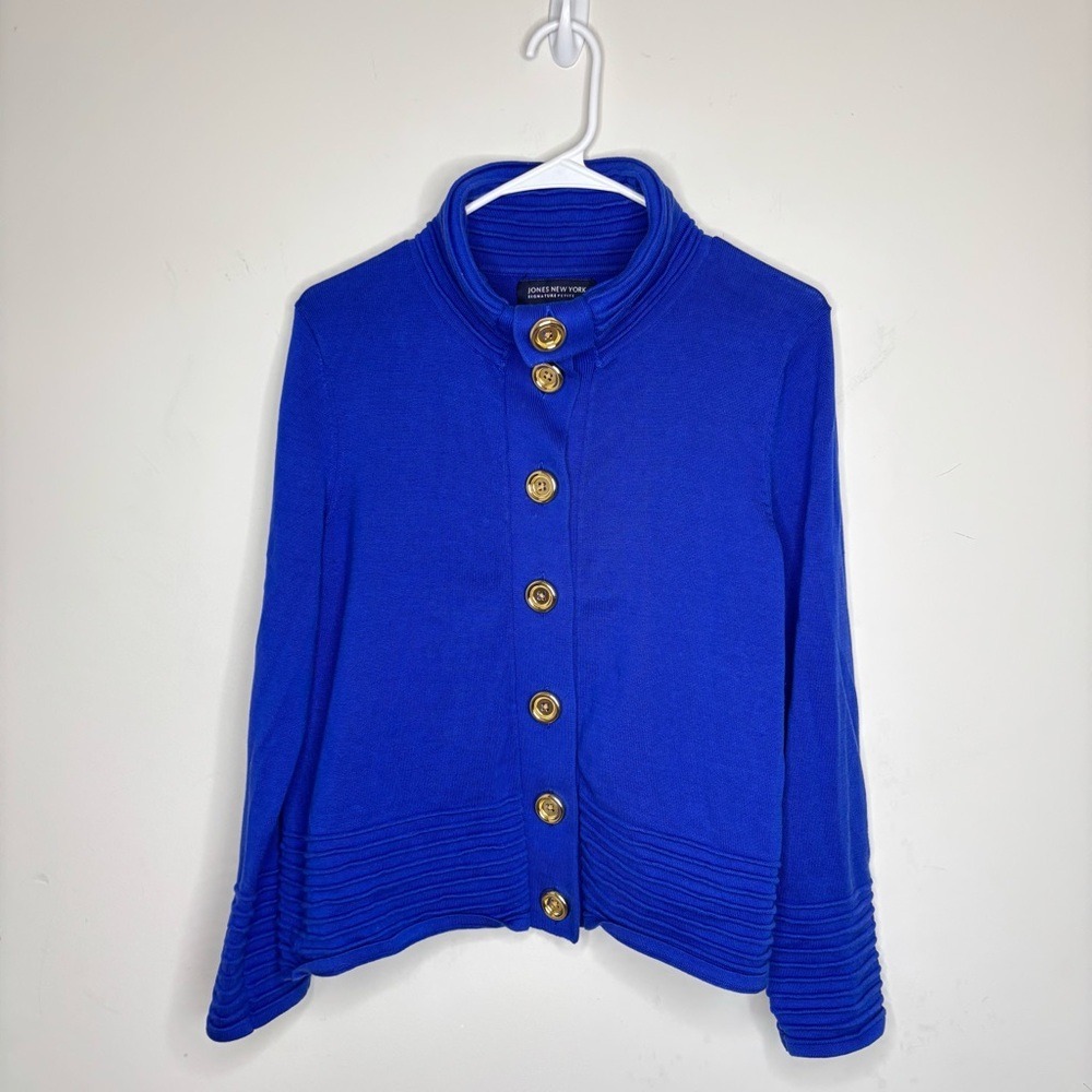 BN7 Jones New‎ York Signature Petite Royal Blue Gold Button Cardigan Sweater PS